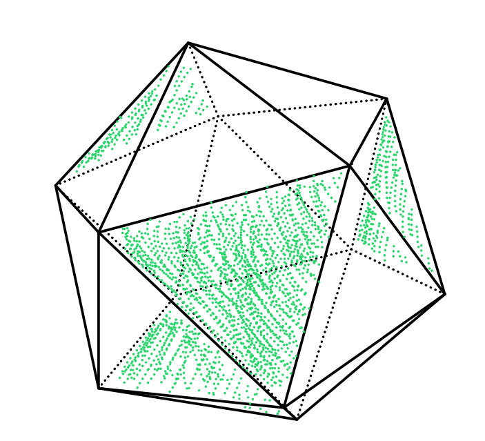 Icosahedron with four pairwise vertex-disjoint triangular faces shaded green.