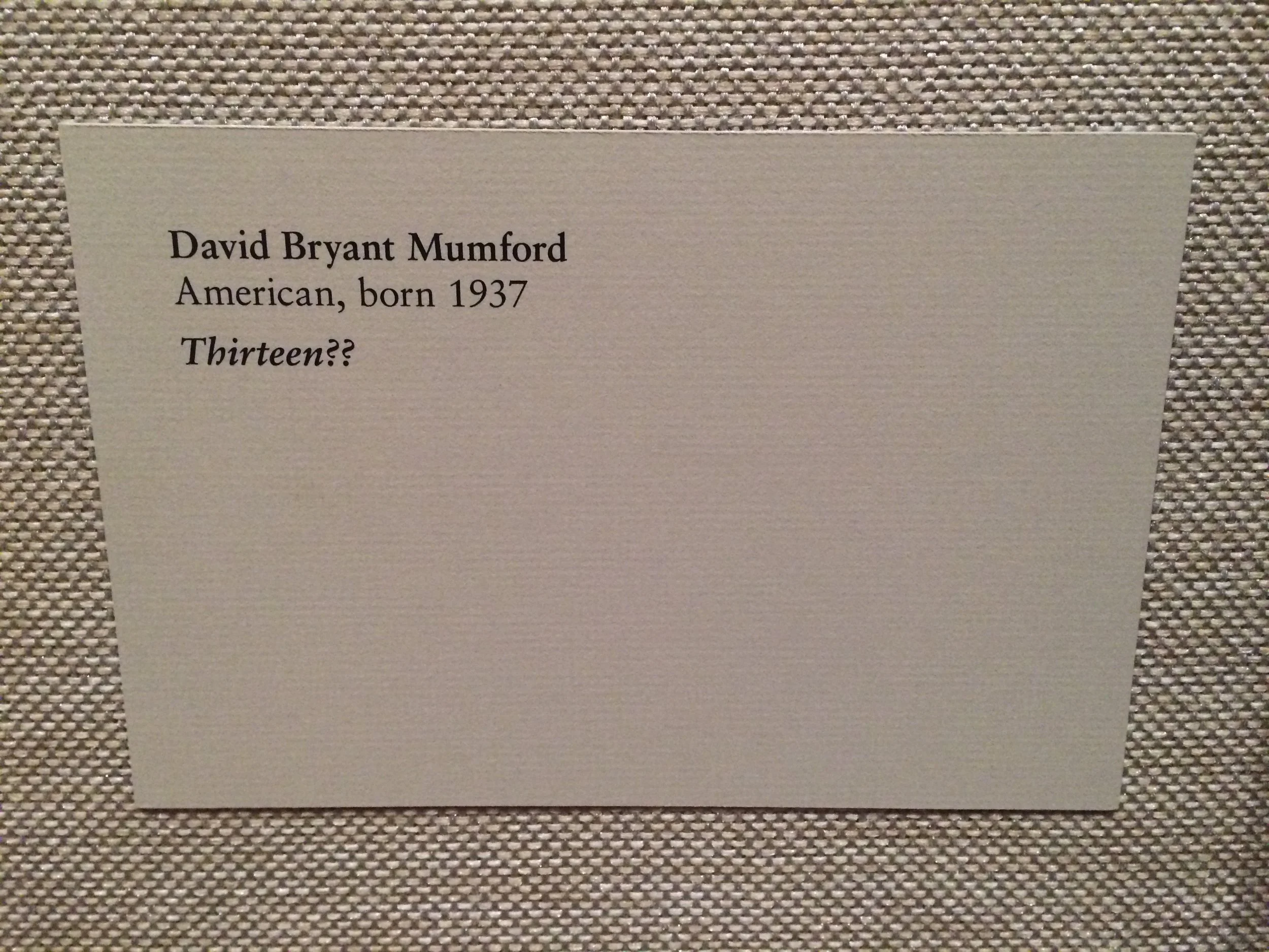 Museum label for David Bryant Mumford’s work “Thirteen??”