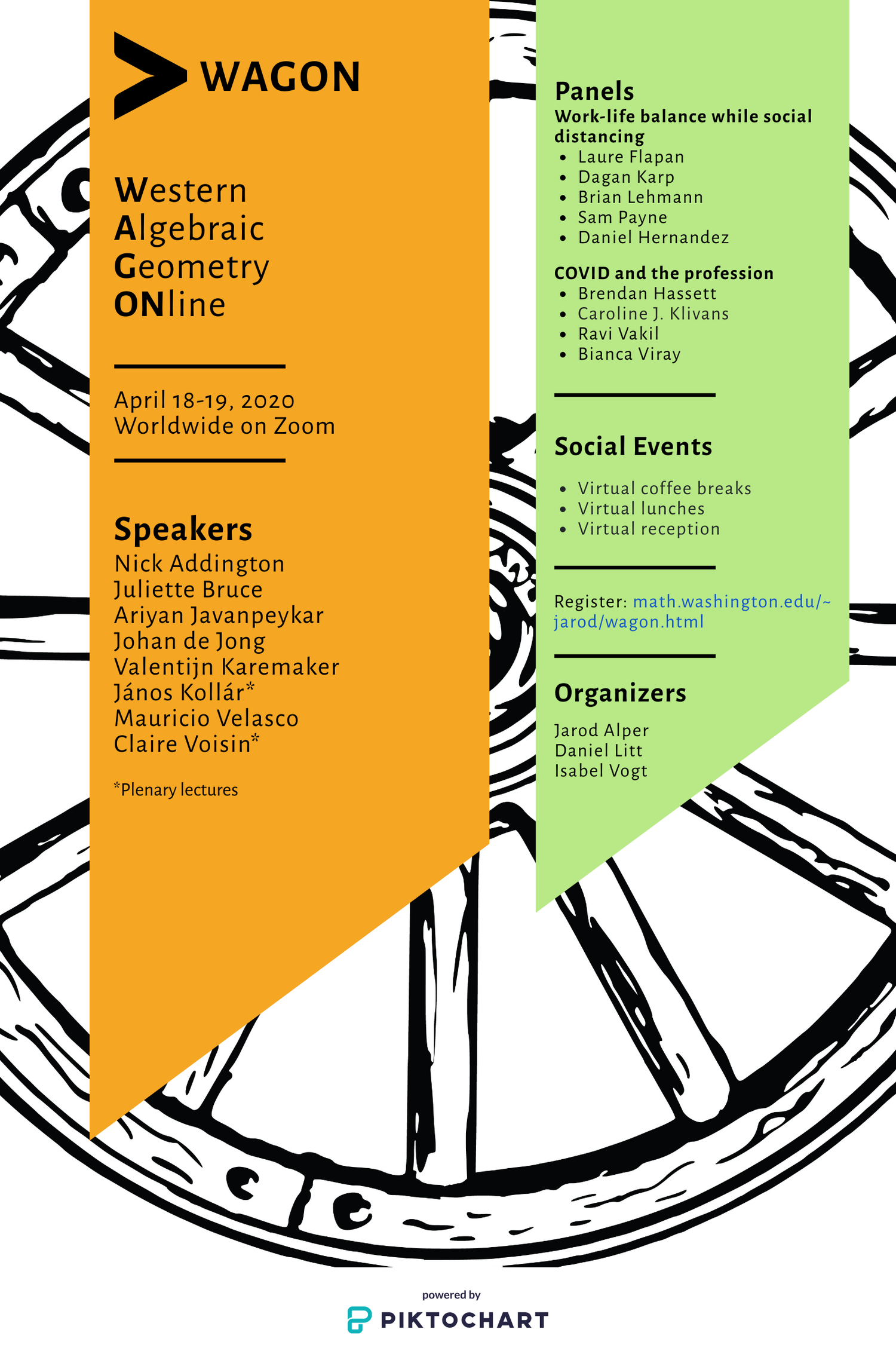 WAGON conference poster for April 18–19, 2020, listing eight speakers, panels on work-life balance and COVID, and virtual social events.