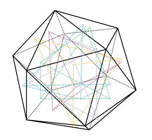 Icosahedron containing five inscribed tetrahedra, each drawn in a different color.