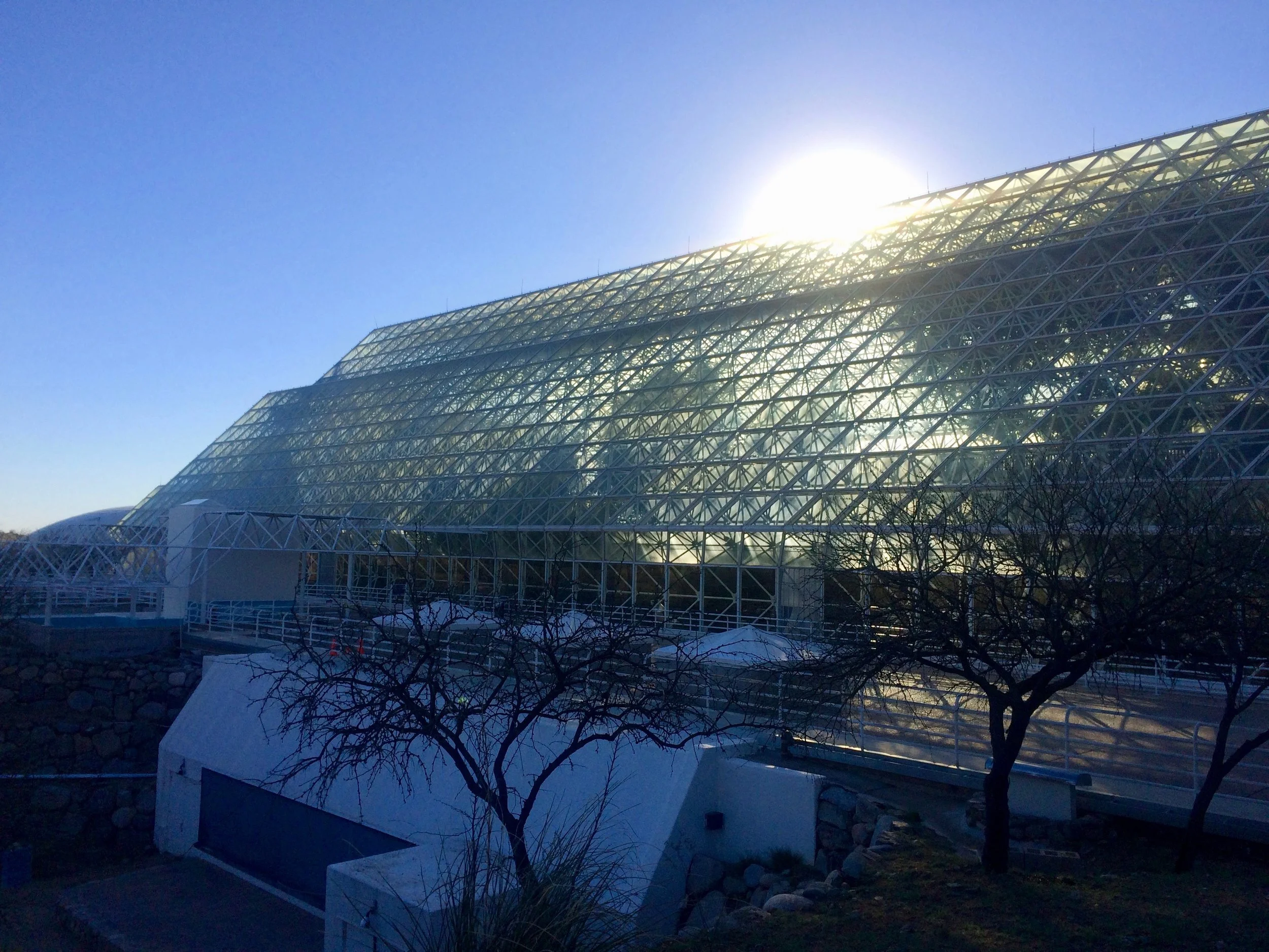 Sunlight shining through the long, stepped glass roofs of Biosphere 2.