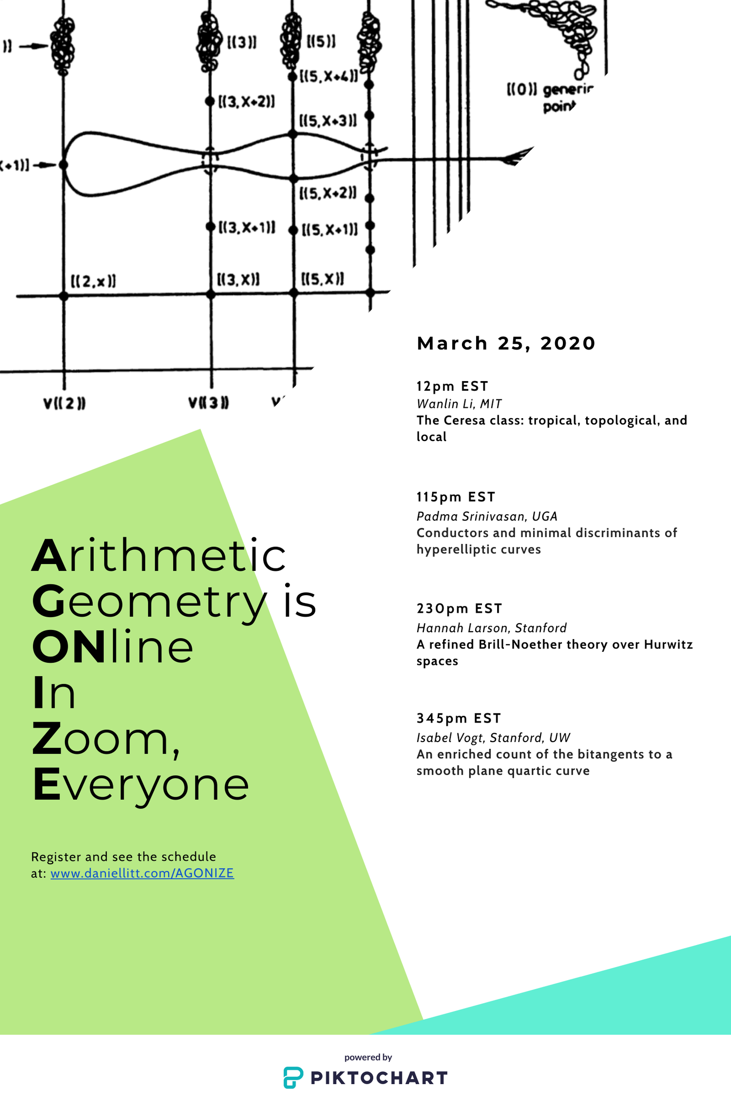 Final AGONIZE conference poster for March 25, 2020, listing talks by Wanlin Li, Padma Srinivasan, Hannah Larson, and Isabel Vogt.